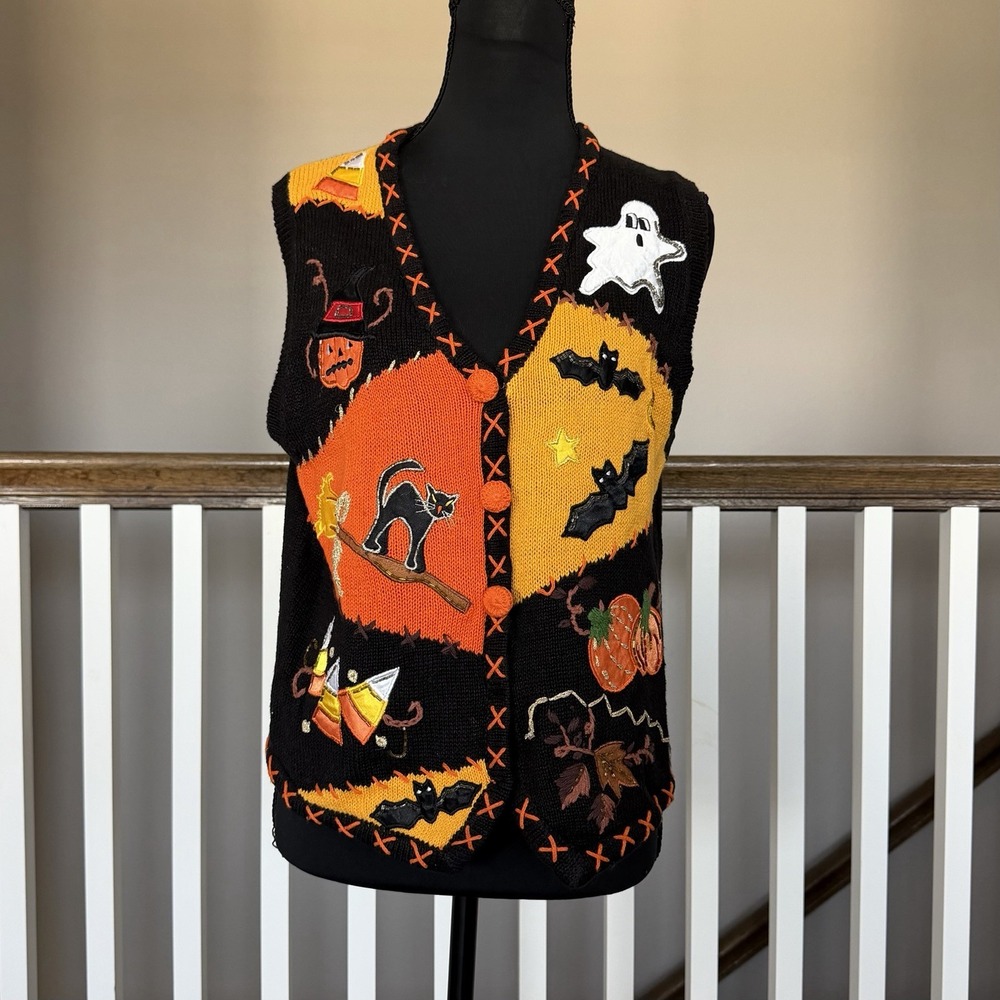 Vintage Basic Editions Halloween Cat Witch Ghost Bats Embroidered Knit Vest Med